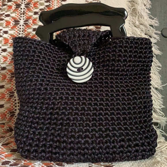 Mini Woven Black Hand Bag with Button Flap Closure - Picture 2 of 8